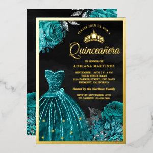 Sparkling Gown Teal Roses Black Quinceanera Gold Foil
