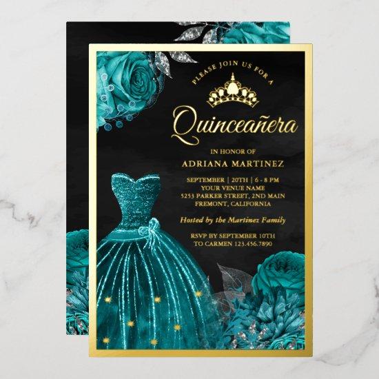 Sparkling Gown Teal Roses Black Quinceanera Gold Foil