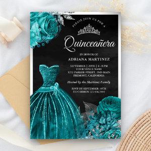 Sparkling Gown Teal Roses Black Silver Quinceanera