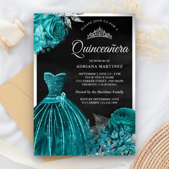 Sparkling Gown Teal Roses Black Silver Quinceanera
