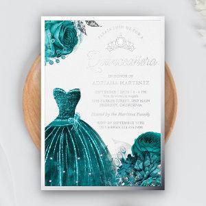 Sparkling Gown Teal Roses Quinceanera Foil