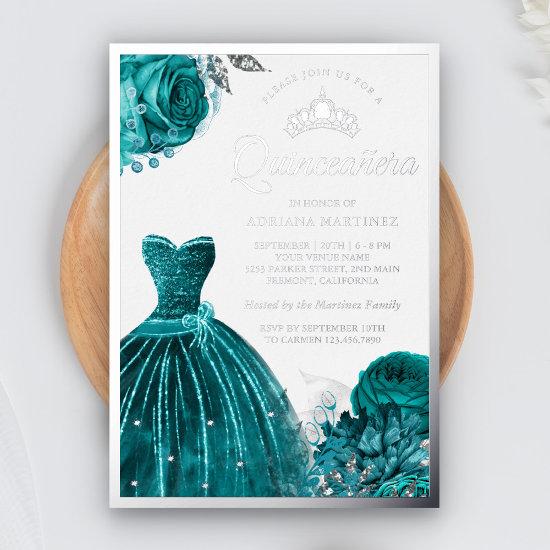 Sparkling Gown Teal Roses Quinceanera Foil