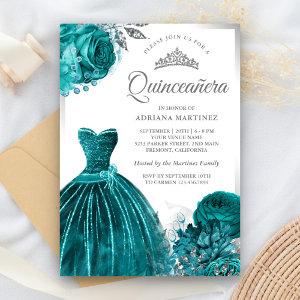 Sparkling Gown Teal Roses Silver Quinceanera