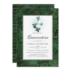 Sparkling White Roses and Green Damask Quinceañera