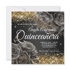 Sparkly Gold Glitter Black Rose Glam Quinceañera