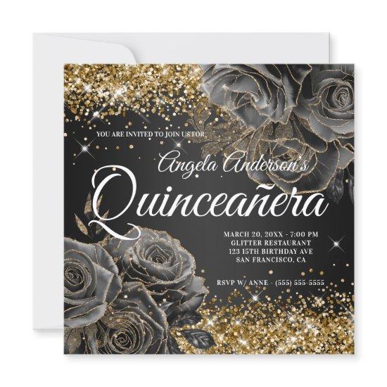 Sparkly Gold Glitter Black Rose Glam Quinceañera