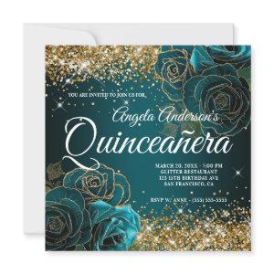 Sparkly Gold Glitter Blue Teal Rose Quinceañera