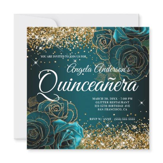 Sparkly Gold Glitter Blue Teal Rose Quinceañera