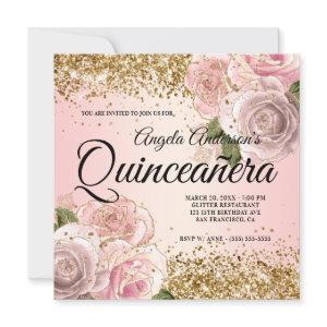Sparkly Gold Glitter Blush Pink Floral Quinceañera
