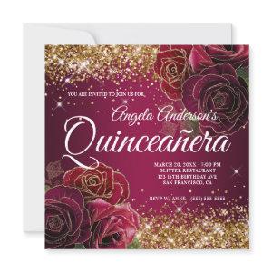 Sparkly Gold Glitter Burgundy Red Rose Quinceañera