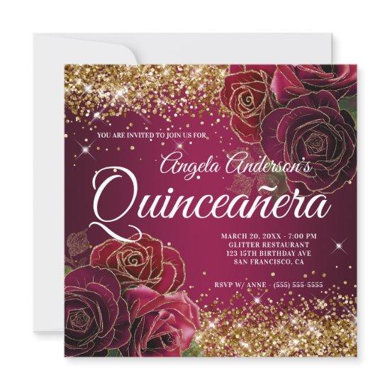 Sparkly Gold Glitter Burgundy Red Rose Quinceañera