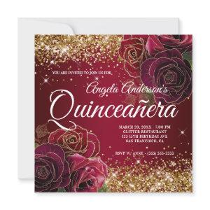 Sparkly Gold Glitter Dark Red Rose Quinceañera