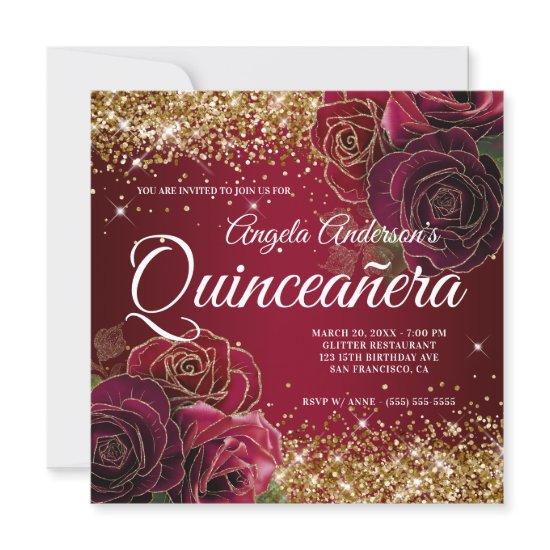 Sparkly Gold Glitter Dark Red Rose Quinceañera