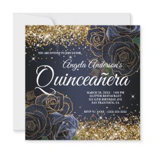 Sparkly Gold Glitter Navy Blue Rose Quinceañera