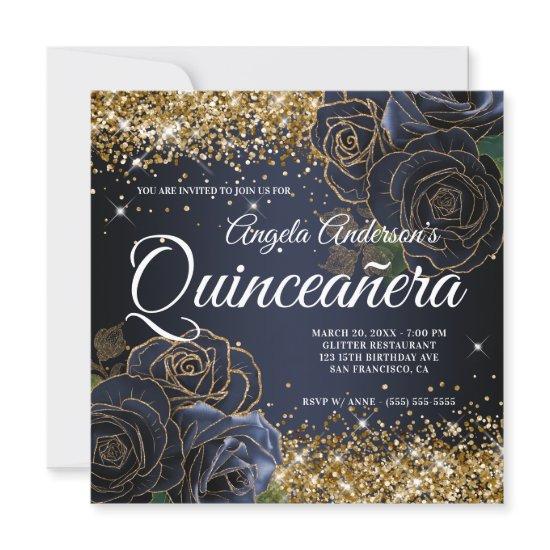Sparkly Gold Glitter Navy Blue Rose Quinceañera