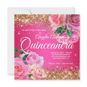 Sparkly Gold Glitter Pink Rose Glam Quinceañera