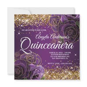 Sparkly Gold Glitter Purple Rose Quinceañera