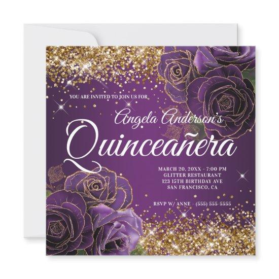 Sparkly Gold Glitter Purple Rose Quinceañera