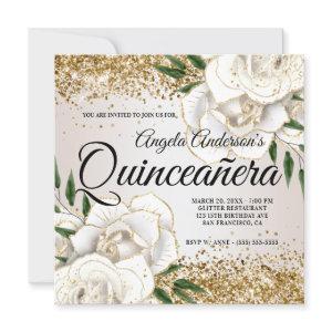 Sparkly Gold Glitter White Rose Glam Quinceañera