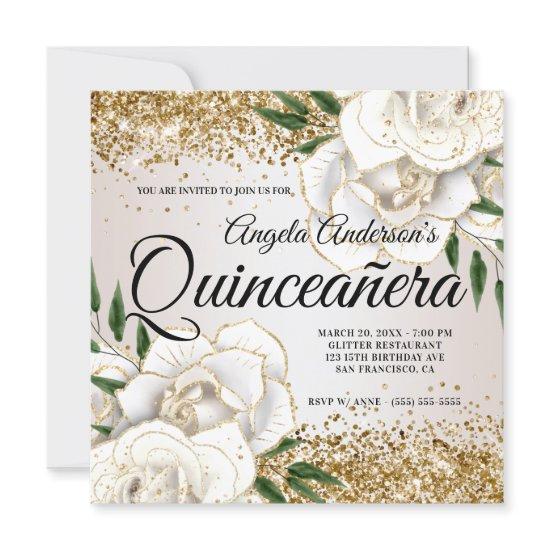 Sparkly Gold Glitter White Rose Glam Quinceañera