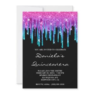 Sparkly Pink Teal Gradient Drip Black Quinceañera