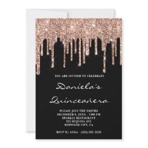 Sparkly Rose Gold Glitter Drips Black Quinceañera