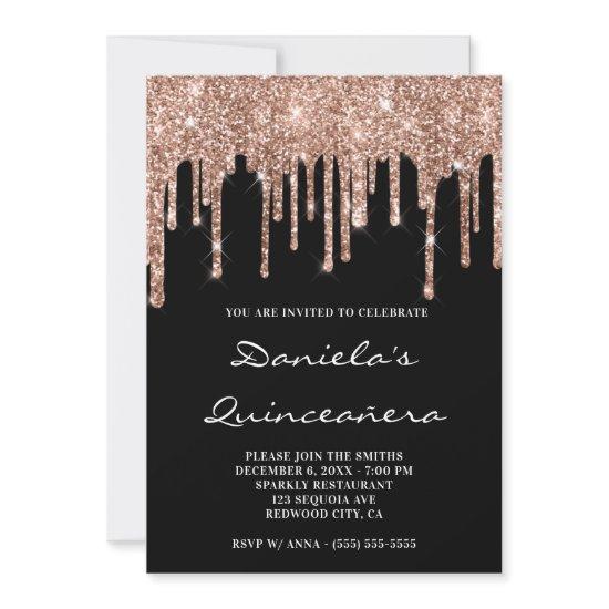 Sparkly Rose Gold Glitter Drips Black Quinceañera