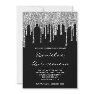 Sparkly Silver Glitter Drips Black Quinceañera