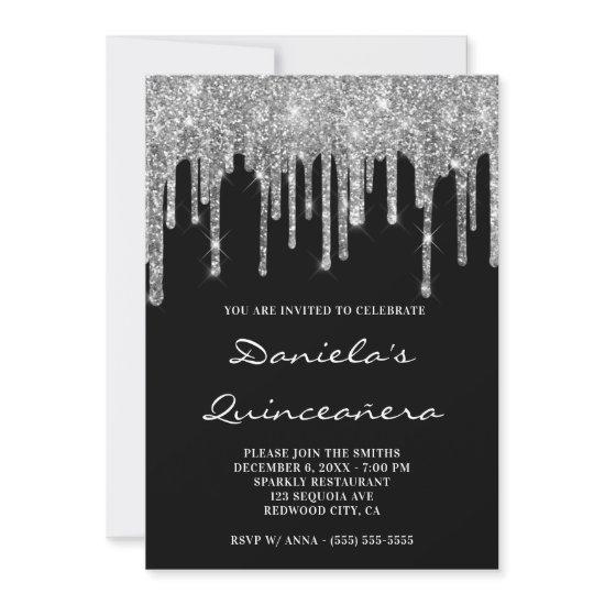 Sparkly Silver Glitter Drips Black Quinceañera