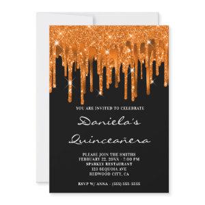 Spicy Orange Glitter Foil Drips Black Quinceañera