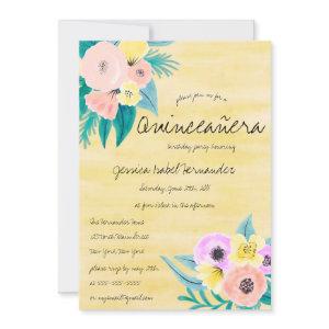 Spring Coral Yellow Floral Watercolor Quinceañera