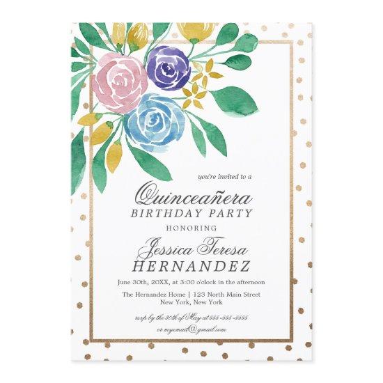 Spring Floral Gold Confetti Watercolor Quinceañera