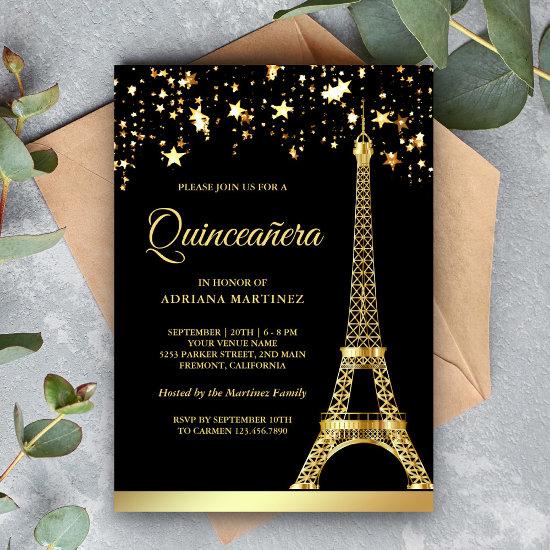 Star Confetti Gold Eiffel Tower Black Quinceanera