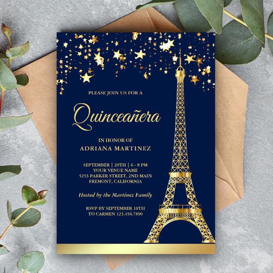 Star Confetti Gold Eiffel Tower Navy Quinceanera