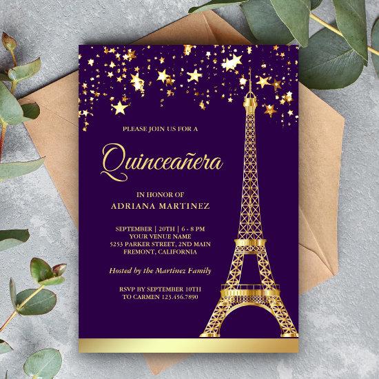 Star Confetti Gold Eiffel Tower Purple Quinceanera