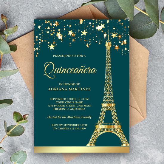 Star Confetti Gold Eiffel Tower Teal Quinceanera