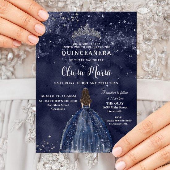 Starry Night Navy Blue Dress Silver Quinceañera