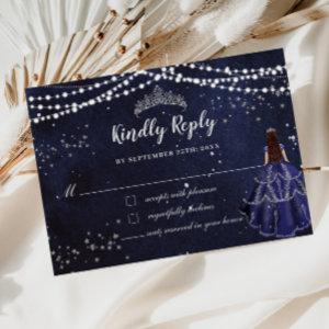 Starry Night Navy Blue Dress Silver Quinceañera RSVP Card