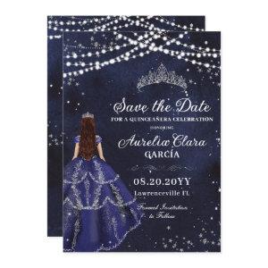 Starry Night Navy Blue Gown Silver Quinceañera Save The Date