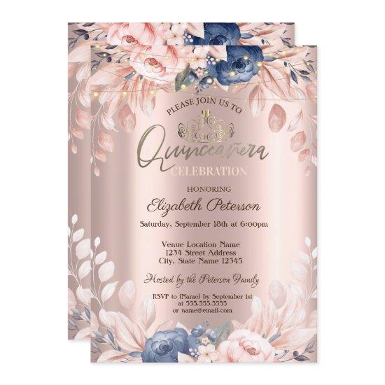 String Lights Blue Flowers Rose Gold Quinceañera