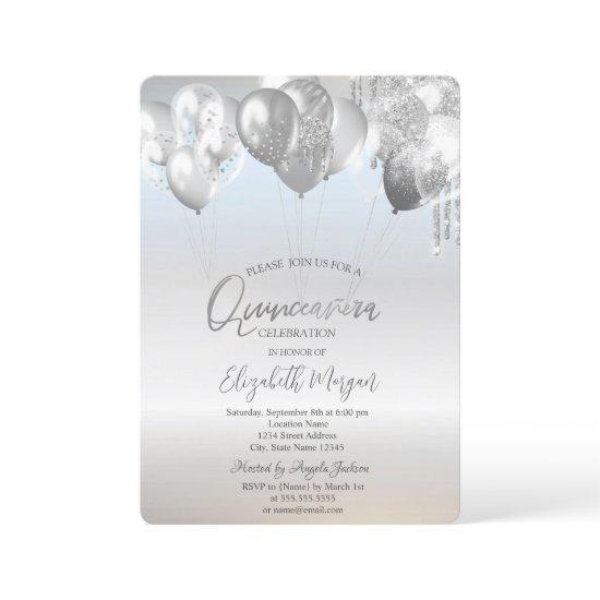 Stylish Glitter Drips Balloons Silver Quinceañera
