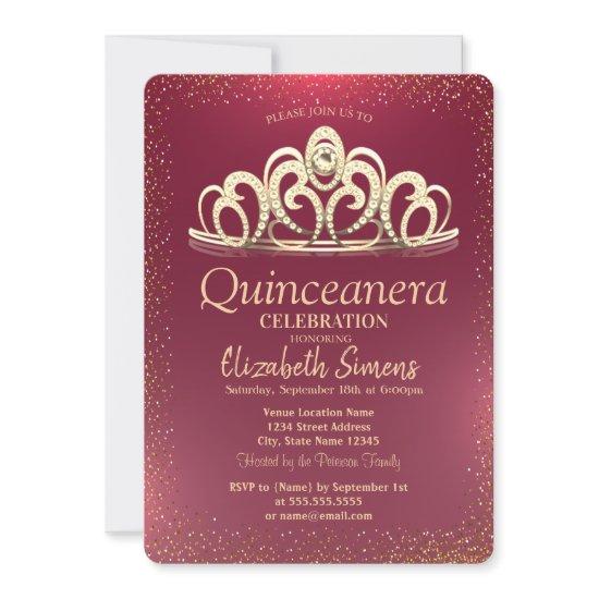 Stylish Gold Confetti Tiara Burgundy Quinceañera