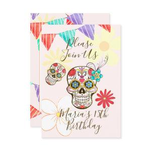 Sugar Skull Soft Peach Rose Hippy Floral Invitatio
