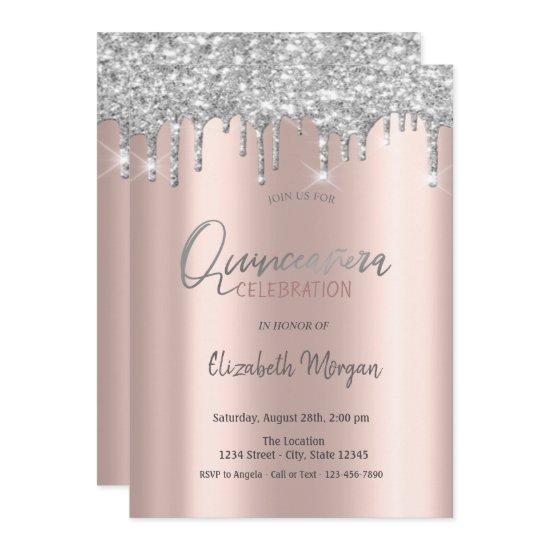 Sulver Glitter Drips Rose Gold Quinceanera