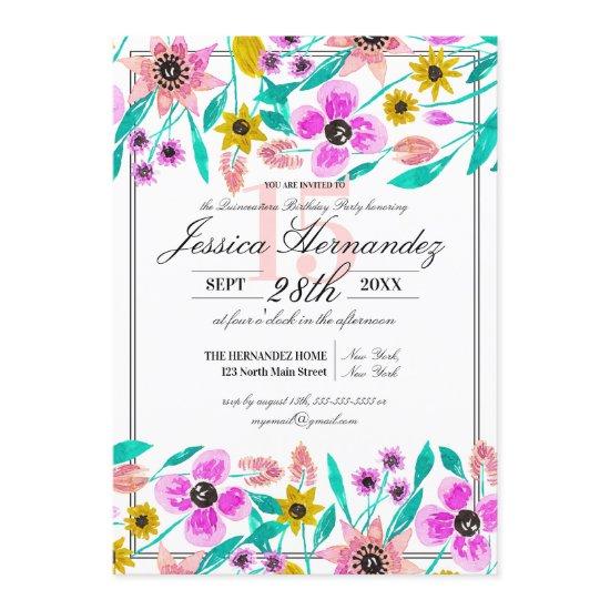 Summer Pink Yellow Floral Watercolor Quinceañera