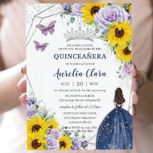 Sunflower Purple Floral Navy Blue Gown Quinceañera