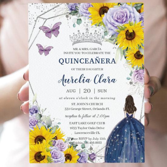 Sunflower Purple Floral Navy Blue Gown Quinceañera