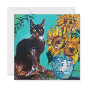 SUNFLOWERS AND BLACK CAT IN BLUE TEAL Summer Party