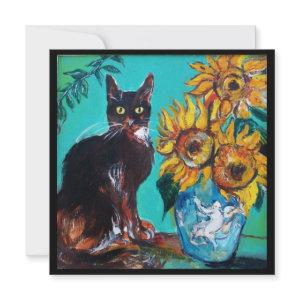 SUNFLOWERS AND BLACK CAT IN BLUE TEAL Summer Party