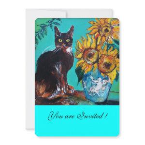 SUNFLOWERS AND BLACK CAT IN BLUE TEAL Summer Party
